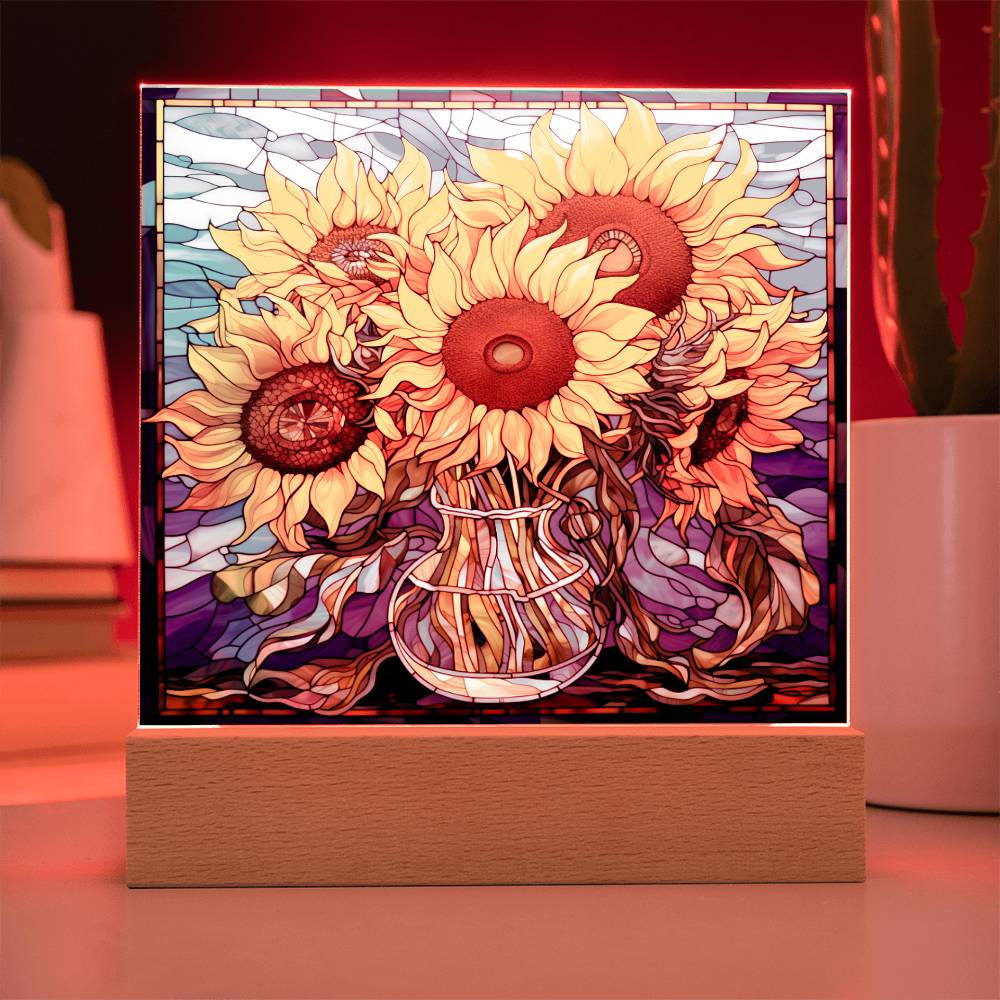 Sunflowers in Vase Faux Stained Glass Square Acrylic Plaque