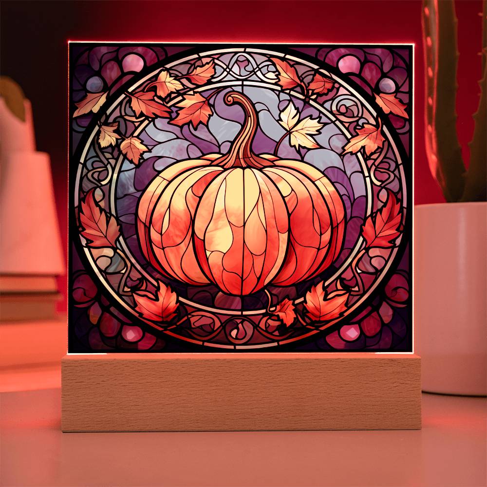 Fall Pumpkin Faux Stained Glass Square Acrylic Plaque