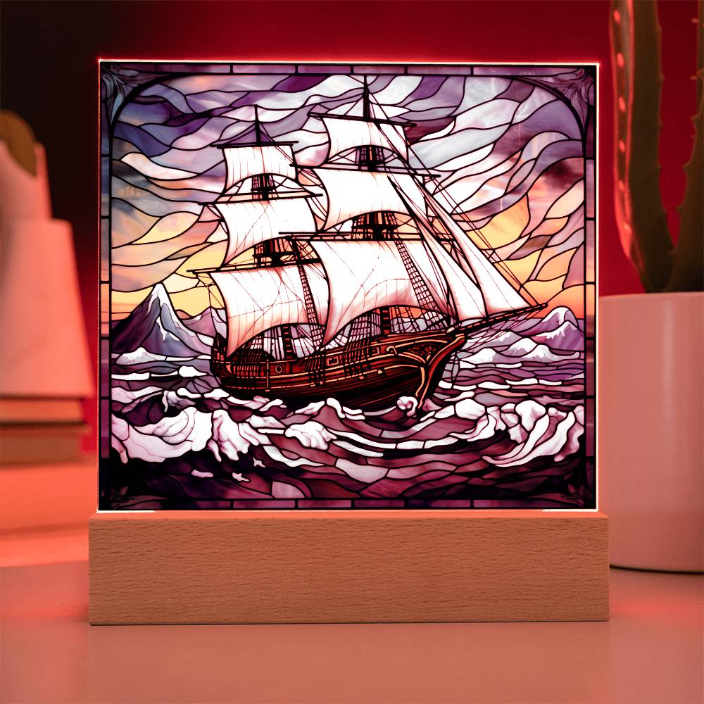 Sailing Ship Schooner Faux Stained Glass Square Acrylic Plaque