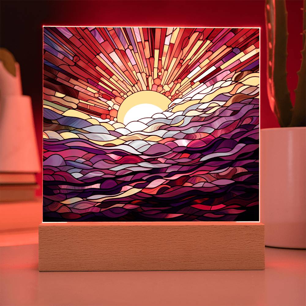 Ocean Sunrise Faux Stained Glass Square Acrylic Plaque