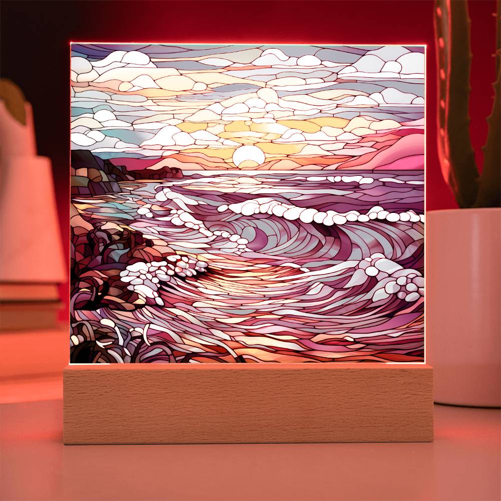 Sunset Waves on the Beach Stained Glass Sublimation Square Acrylic Plaque