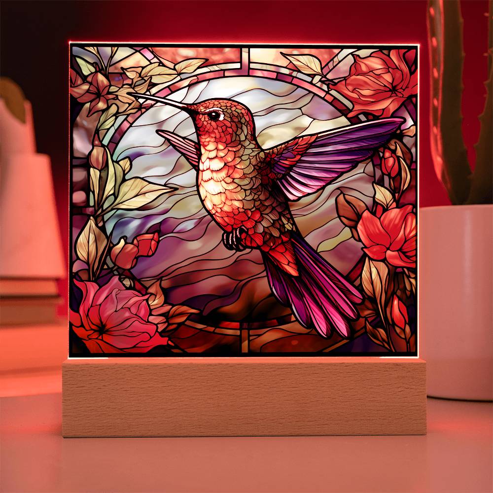 Hummingbird Faux Stained Glass Square Acrylic Plaque