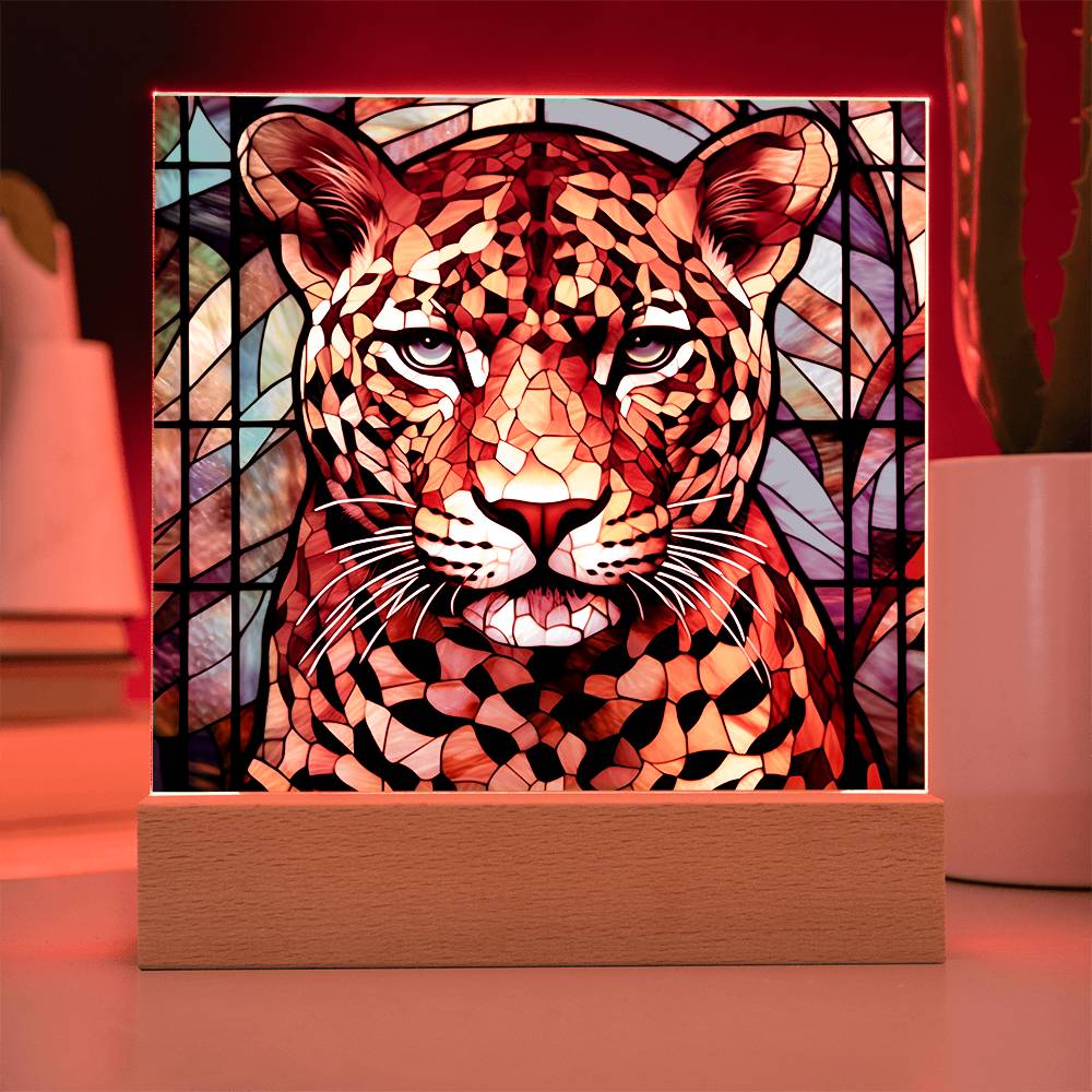 Leopard Faux Stained Glass Square Acrylic Plaque