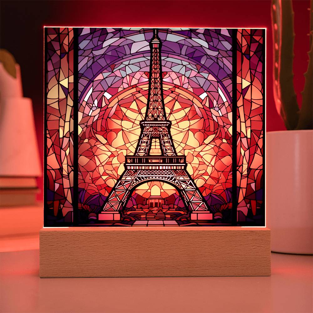 Eiffel Tower Faux Stained Glass Square Acrylic Plaque