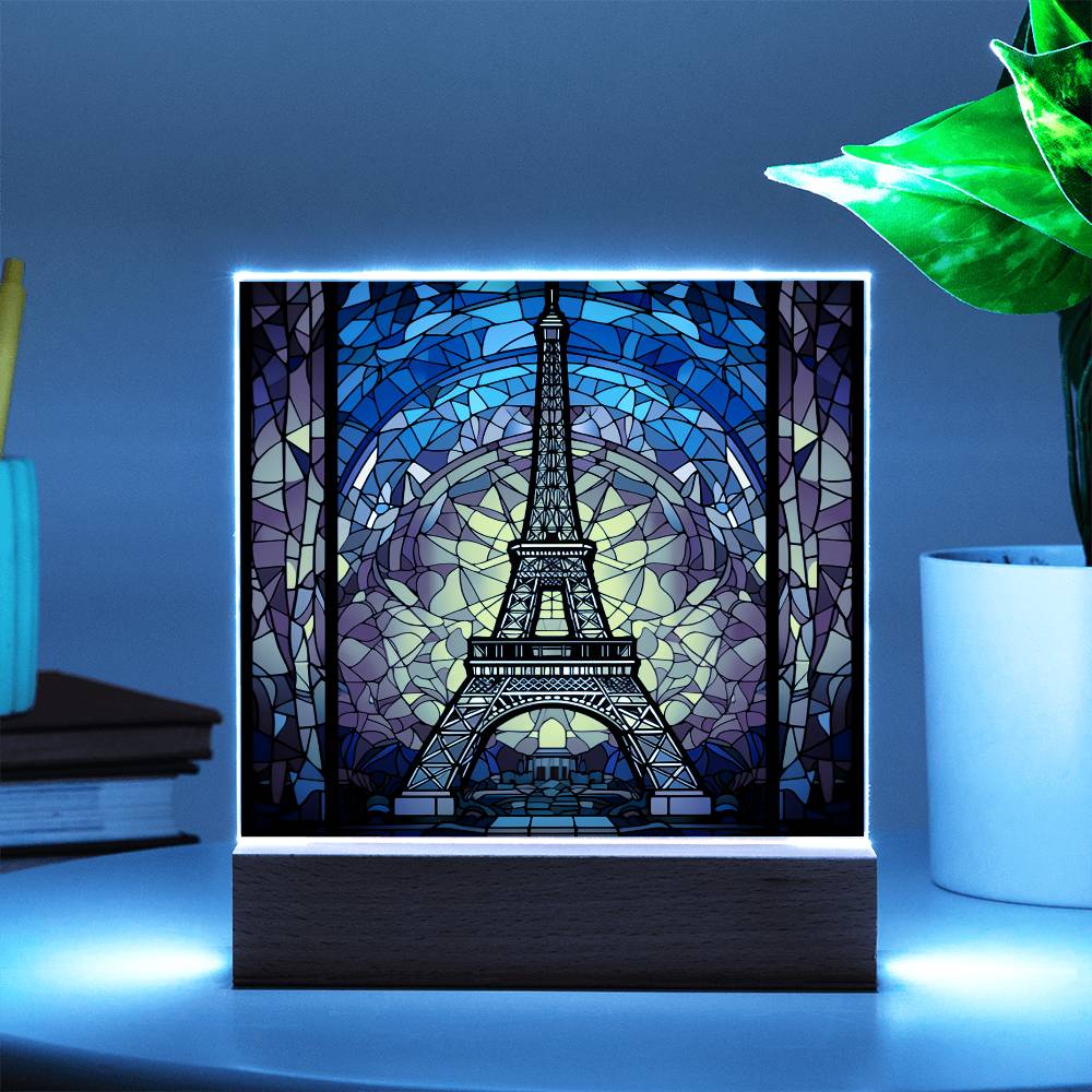 Eiffel Tower Faux Stained Glass Square Acrylic Plaque