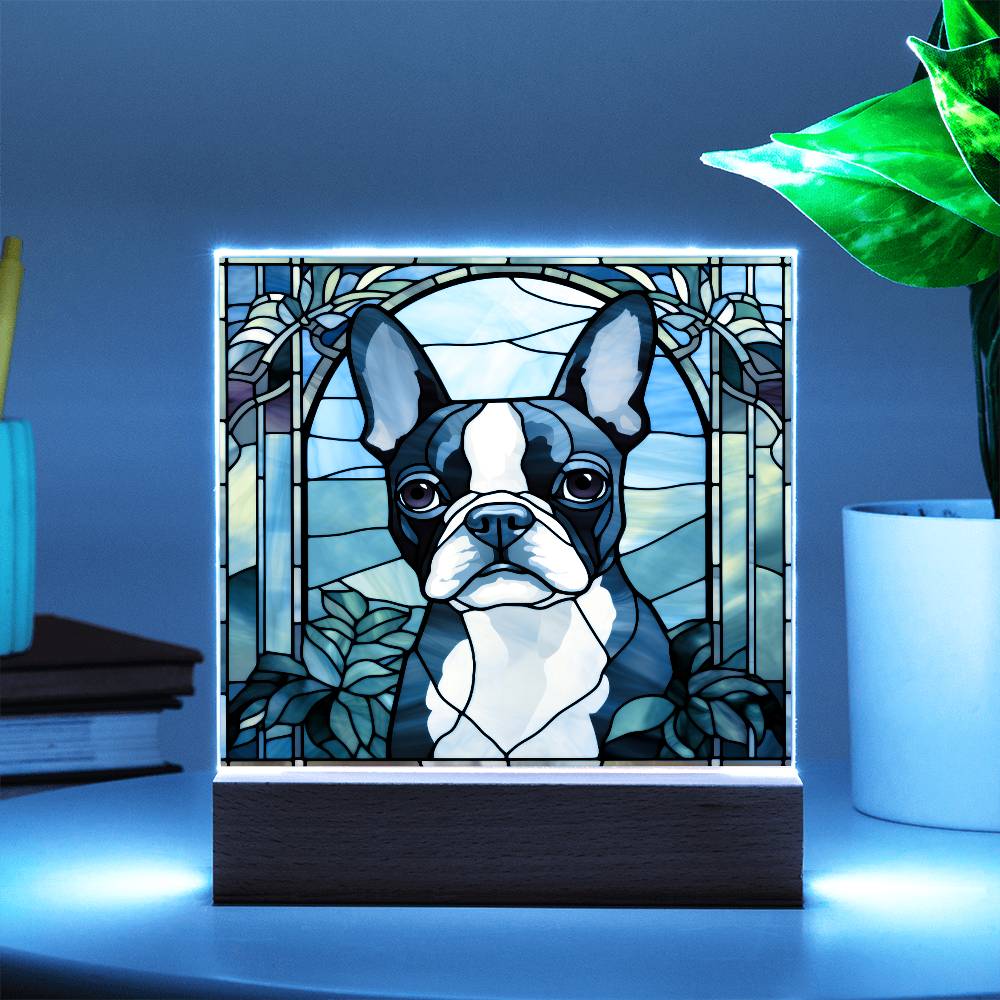 Grey Boston Terrier Dog Acrylic  Square Plaque, Pet Memorial