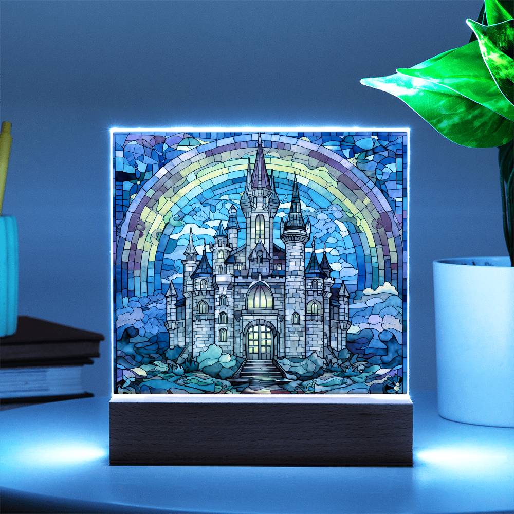 Rainbow Castle Faux Stained Glass Square Acrylic Plaque