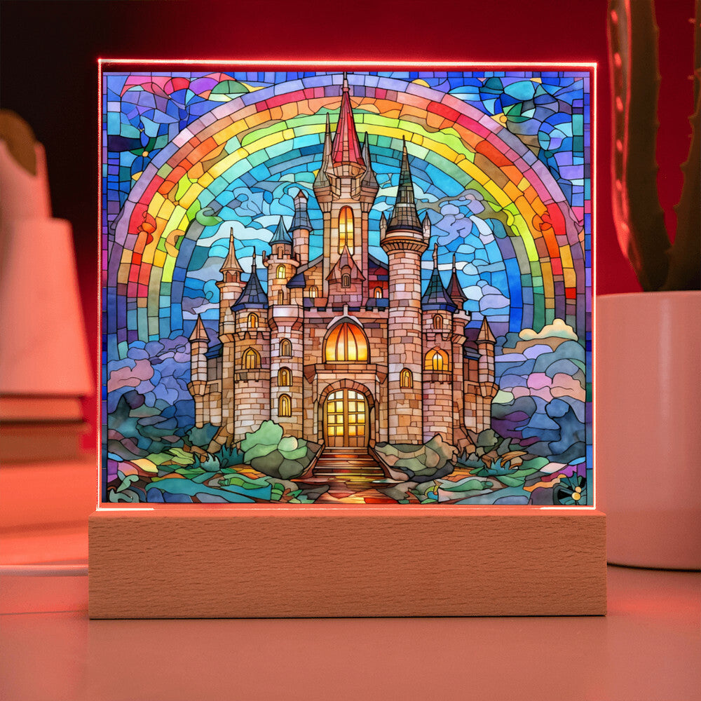 Rainbow Castle Faux Stained Glass Square Acrylic Plaque