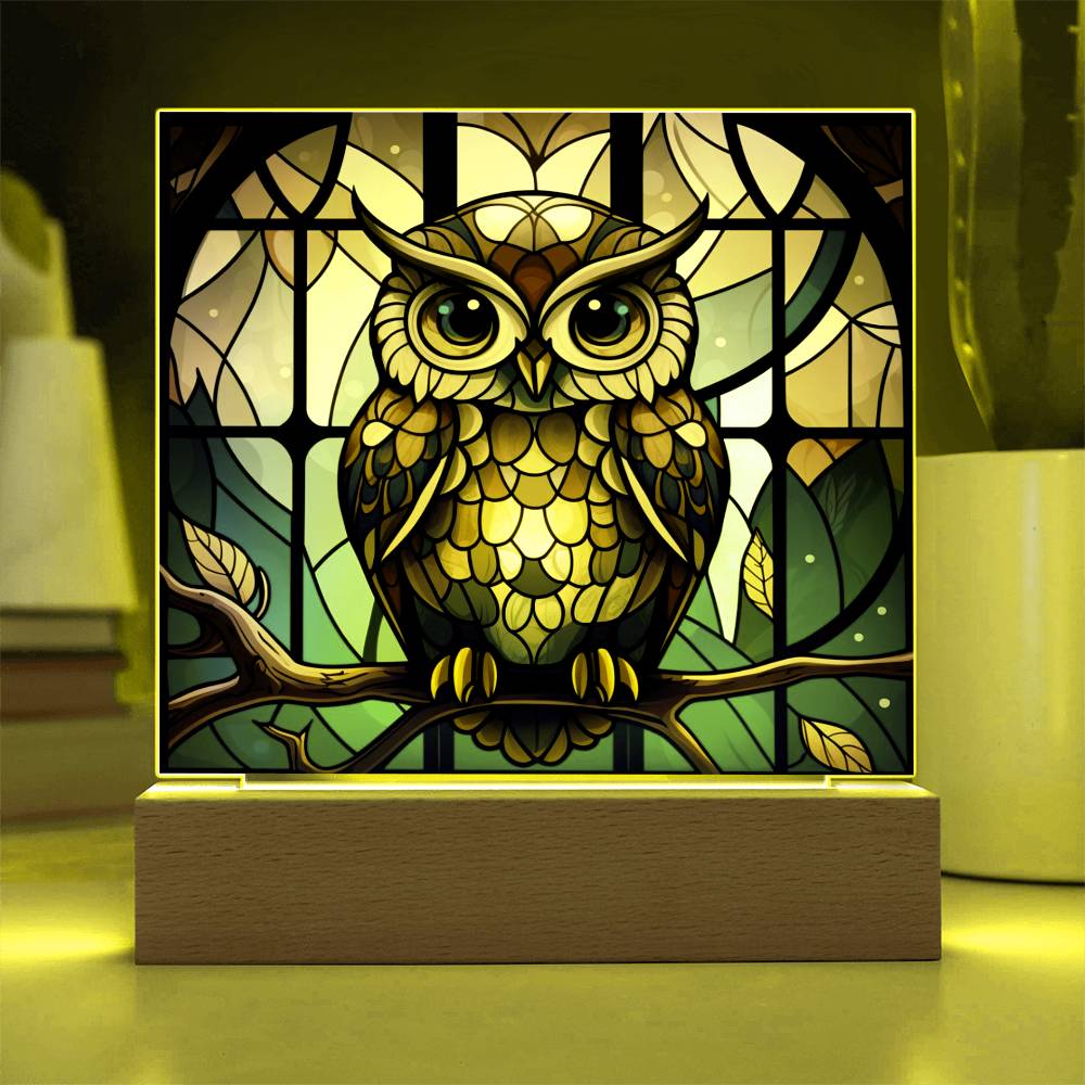 Owl Faux Stained Glass Square Acrylic Plaque